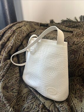 Longchamp Medium White Croc-Embossed Leather Tote Bag with Dust Bag